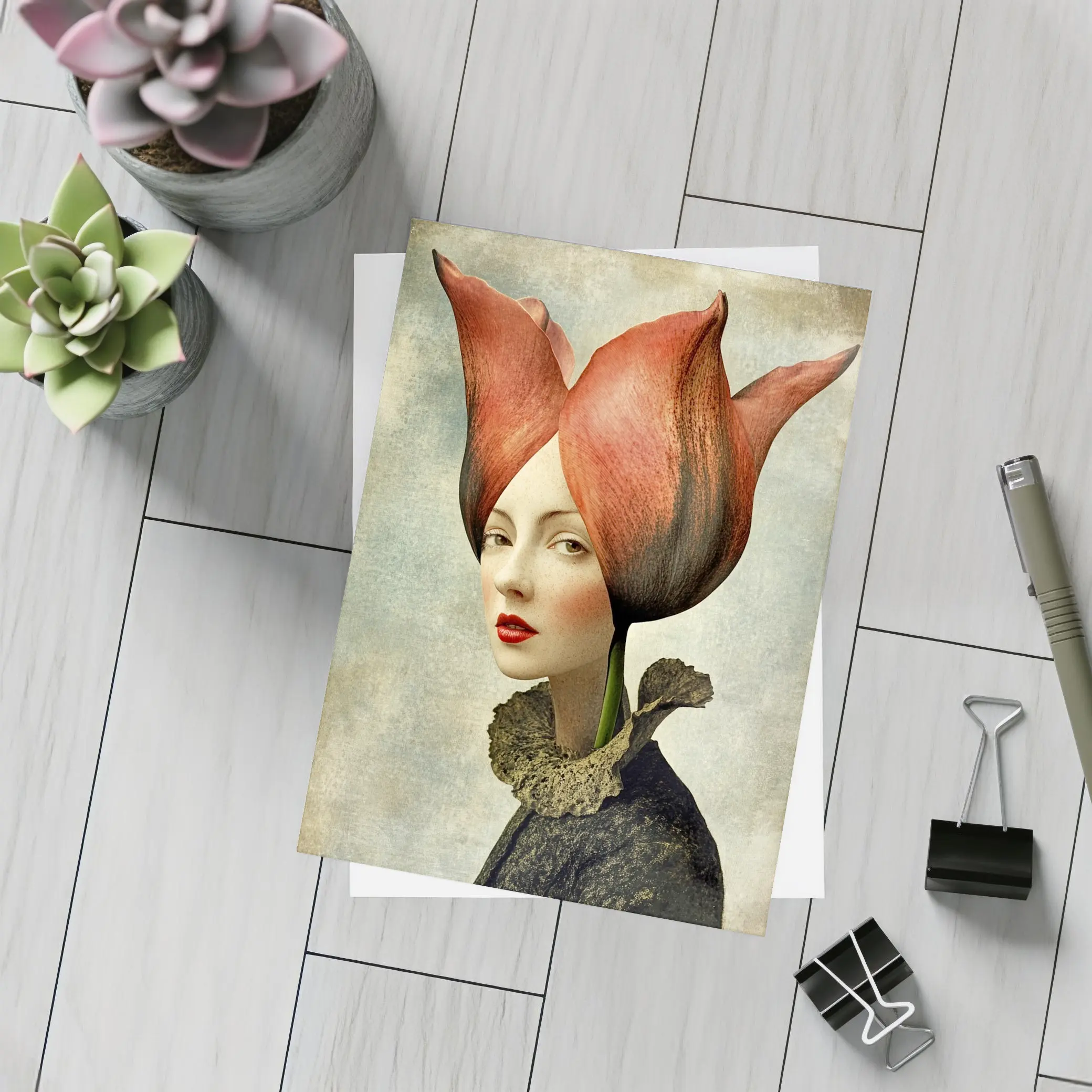 Woman Portrait Tulip Flower Head Surreal Art – Postcards
