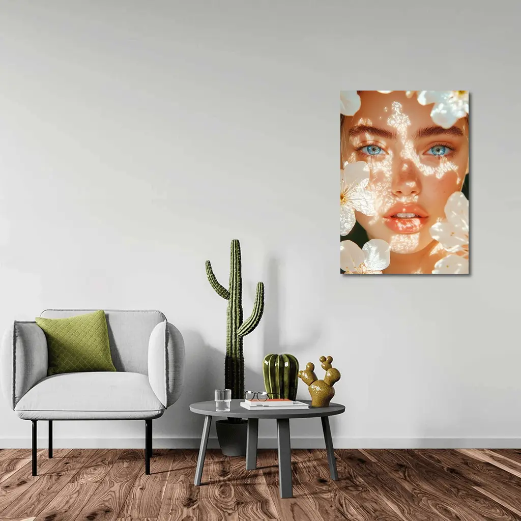 Blue Eyed Woman With White Cherry Blossoms – Wall Art