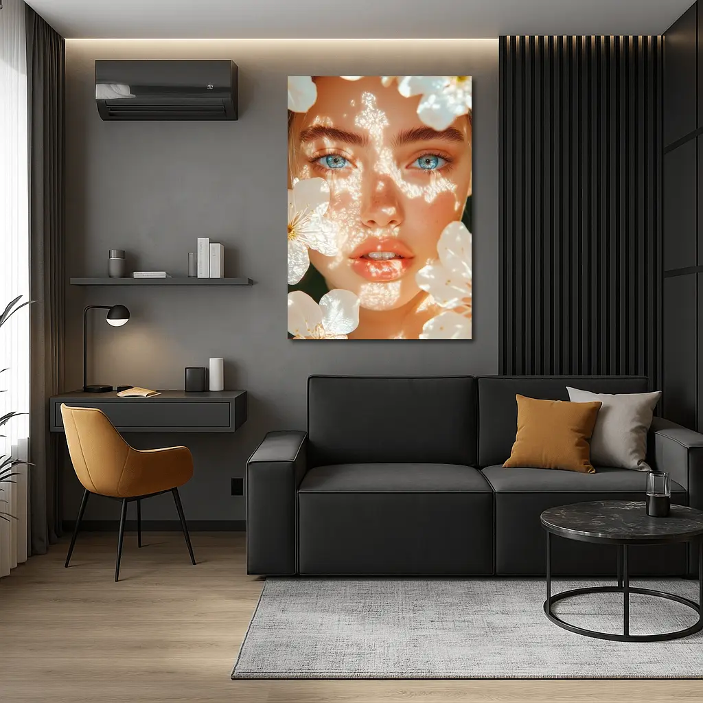 Blue Eyed Woman With White Cherry Blossoms – Wall Art