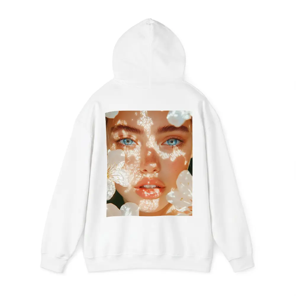 Blue Eyed Woman With White Cherry Blossoms – Hoodies