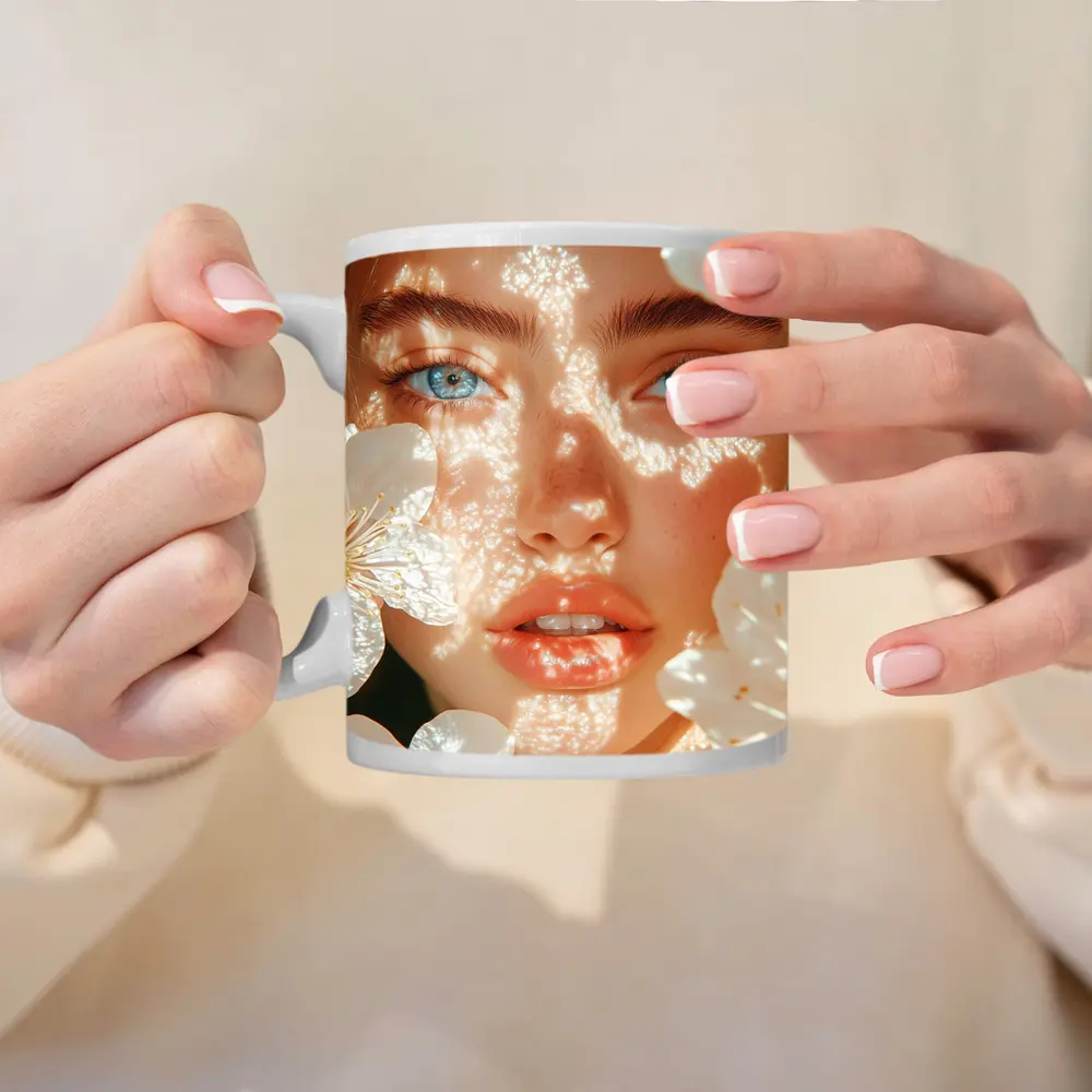 Blue Eyed Woman With White Cherry Blossoms – Mugs