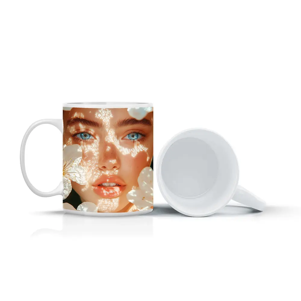 Blue Eyed Woman With White Cherry Blossoms – Mugs