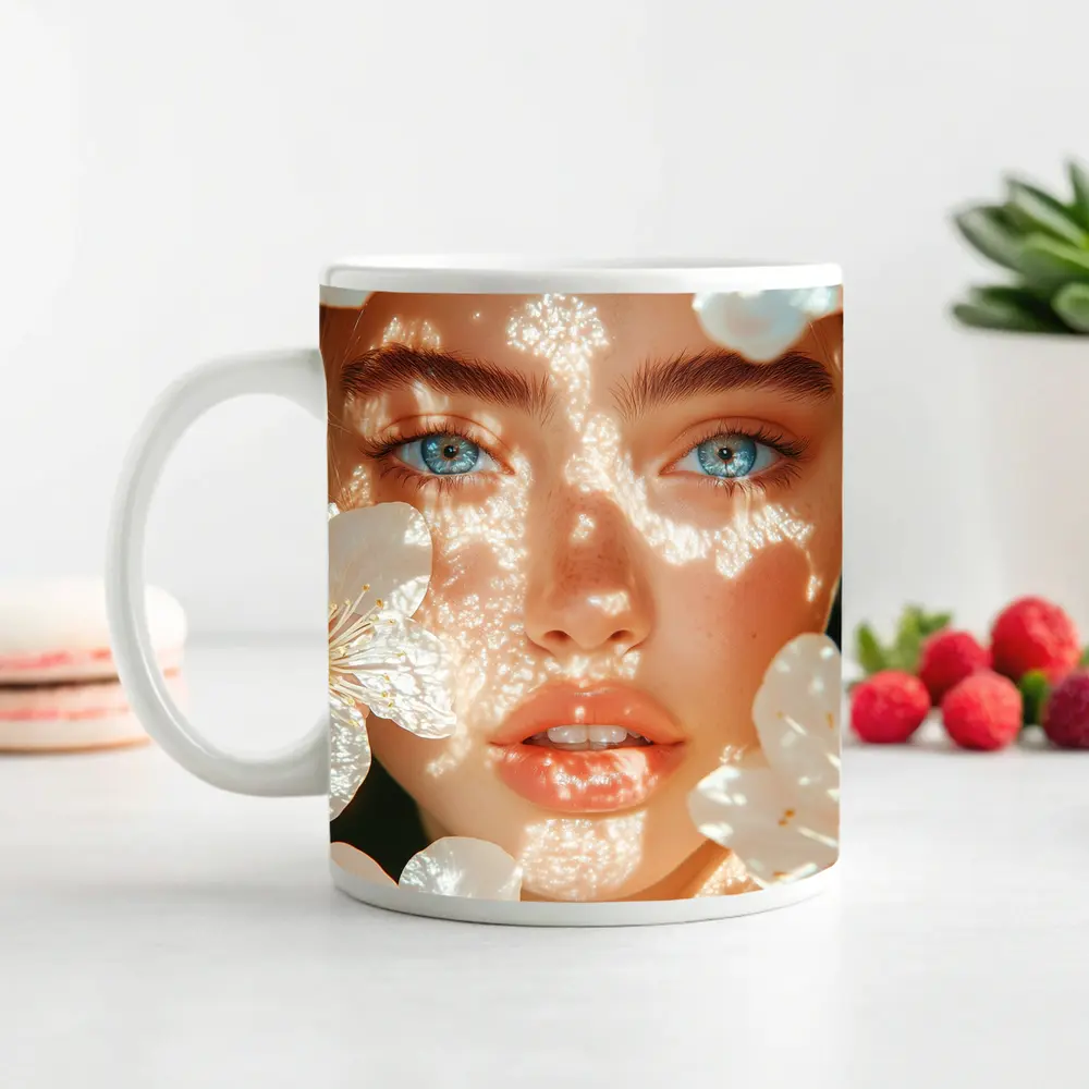 Blue Eyed Woman With White Cherry Blossoms – Mugs