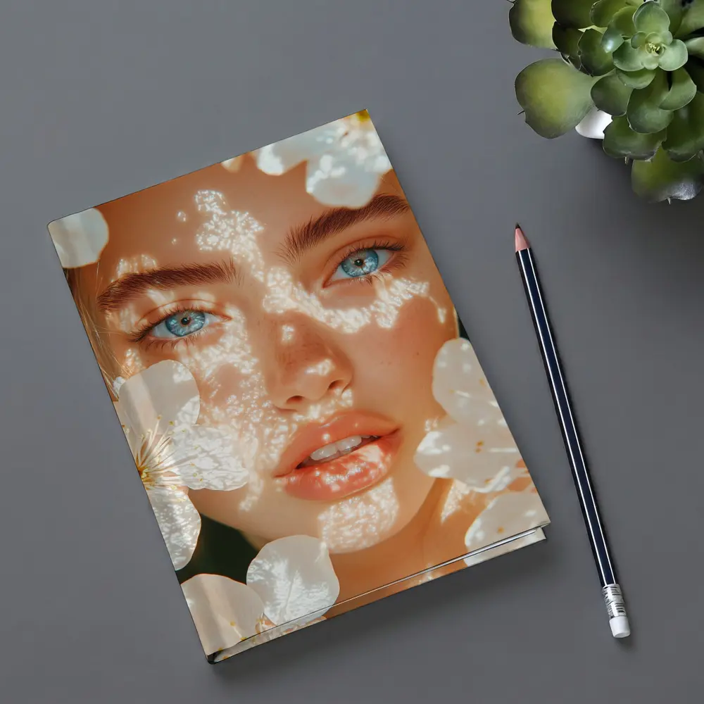 Blue Eyed Woman With White Cherry Blossoms – Notebooks