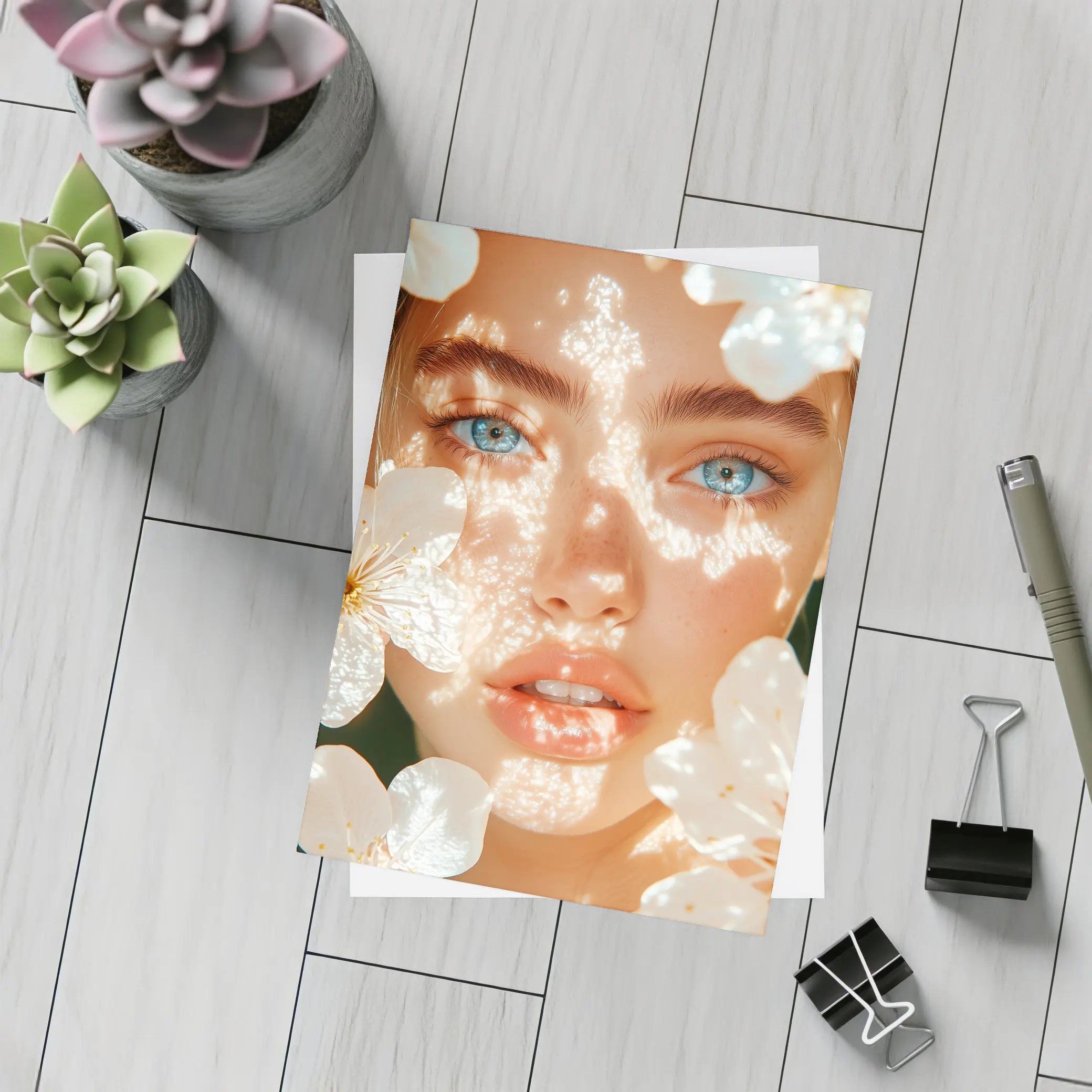 Blue Eyed Woman With White Cherry Blossoms – Postcards
