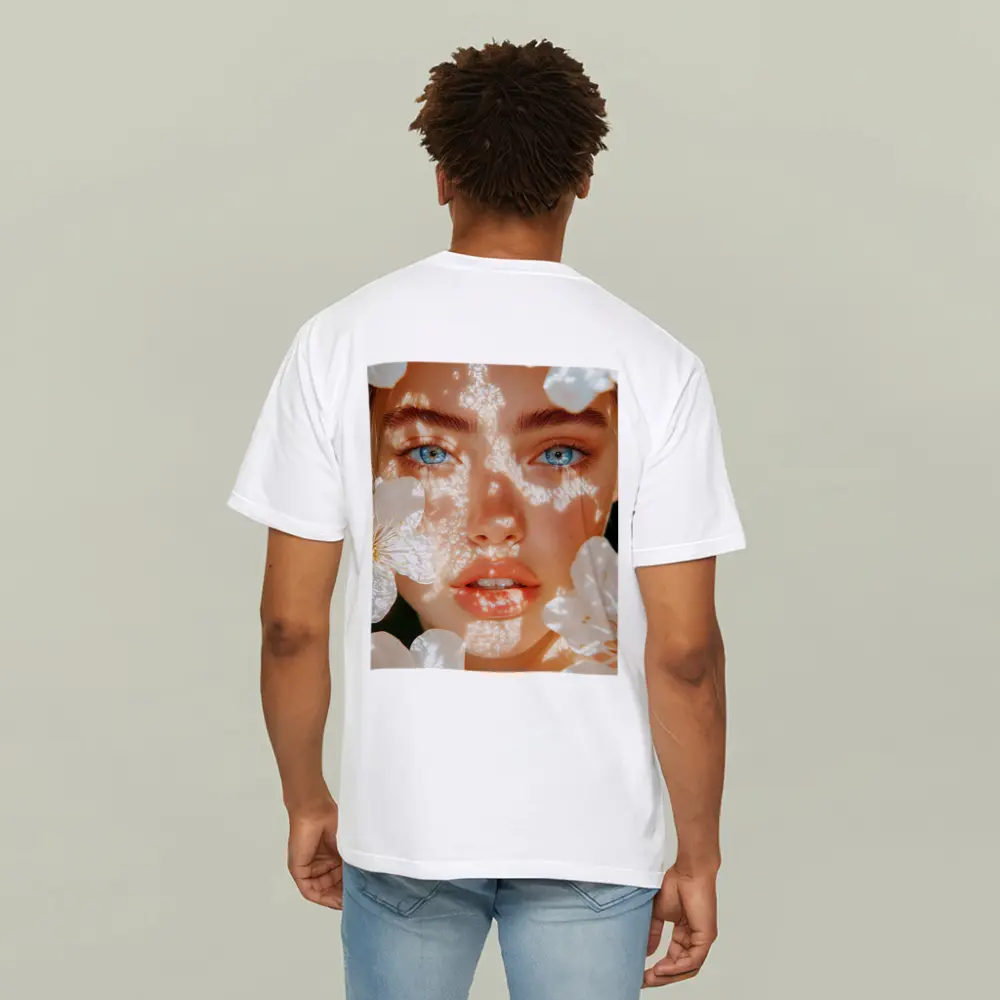Blue Eyed Woman With White Cherry Blossoms – T-Shirts