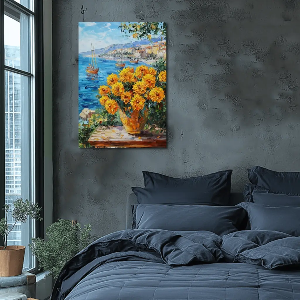 Yellow Marigolds Vase Mediterranean Coastal Oil Painting – Wall Art