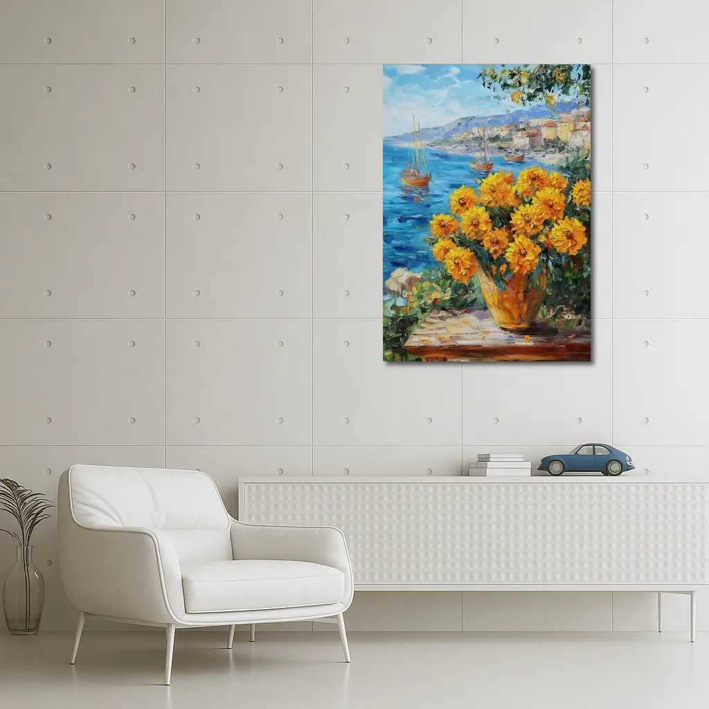 Yellow Marigolds Vase Mediterranean Coastal Oil Painting – Wall Art