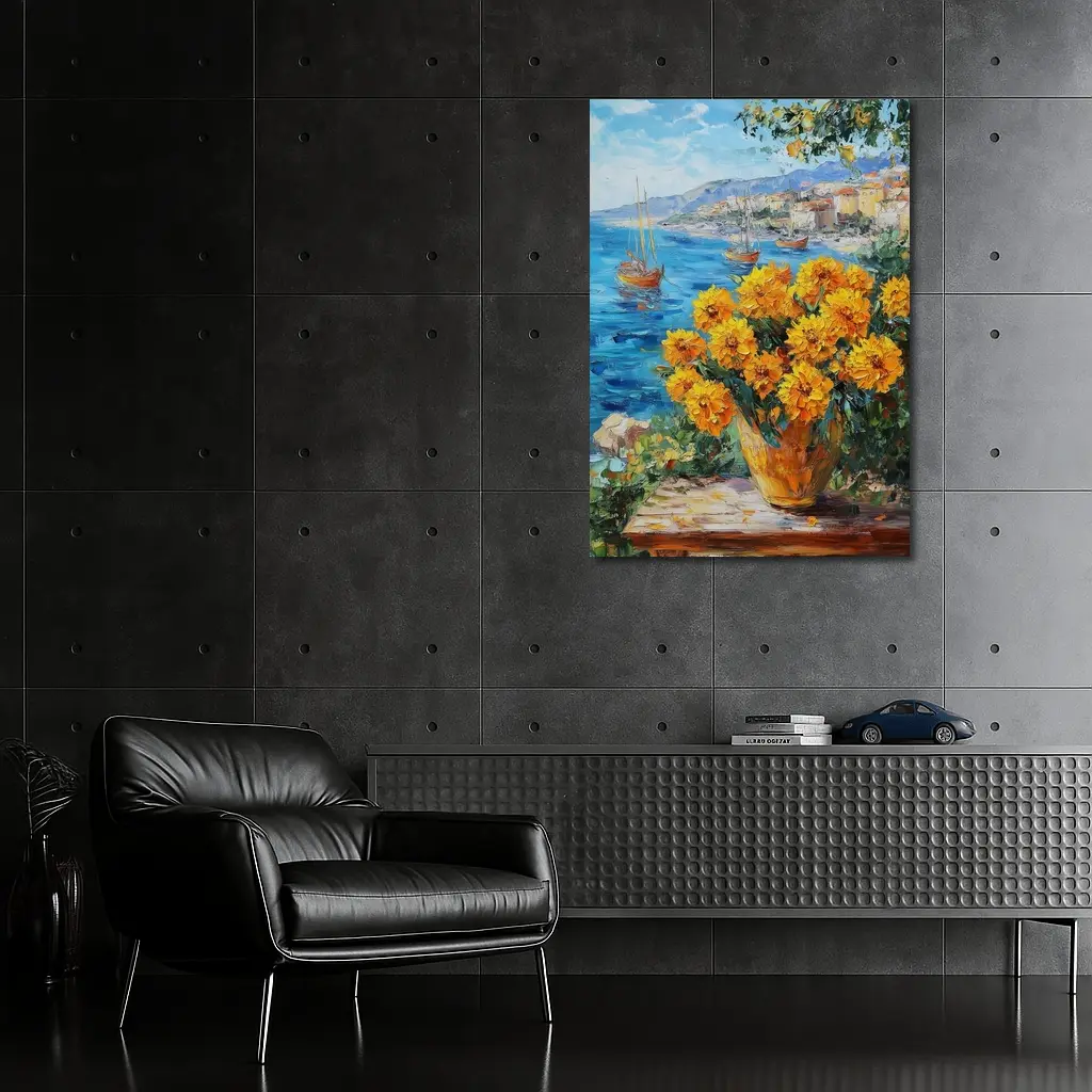 Yellow Marigolds Vase Mediterranean Coastal Oil Painting – Wall Art