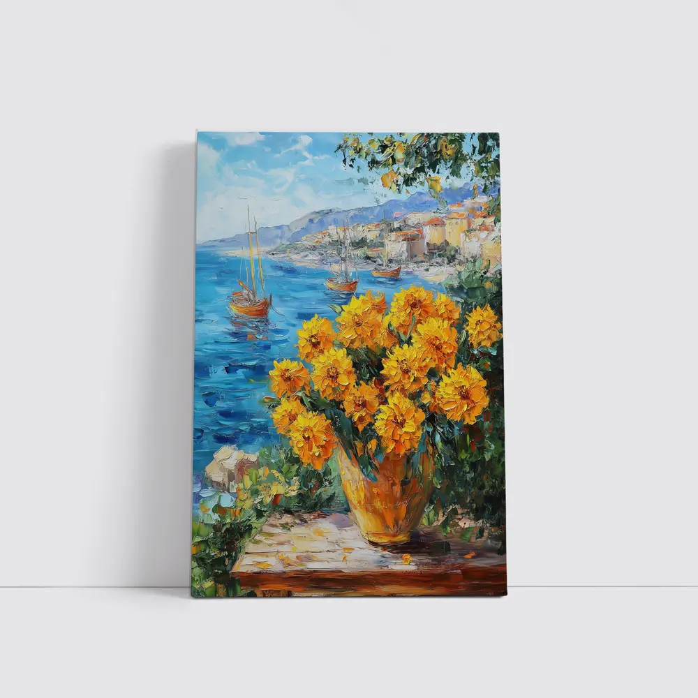 Yellow Marigolds Vase Mediterranean Coastal Oil Painting – Wall Art