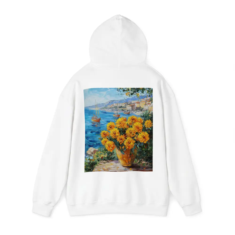 Yellow Marigolds Vase Mediterranean Coastal Oil Painting – Hoodies
