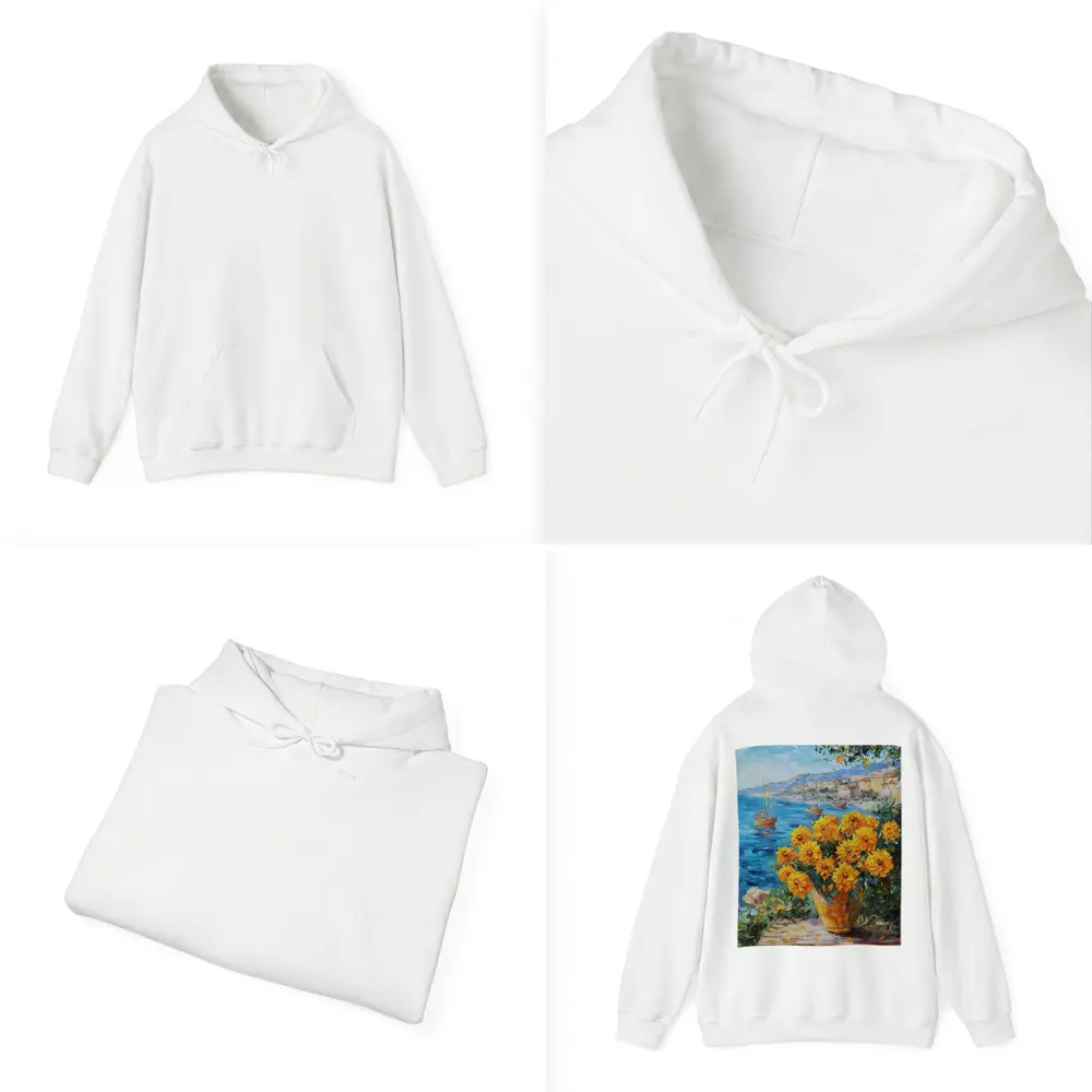 Yellow Marigolds Vase Mediterranean Coastal Oil Painting – Hoodies