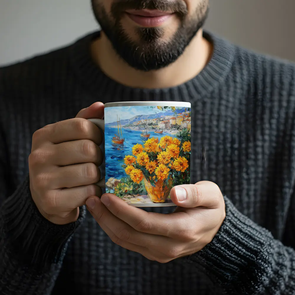 Yellow Marigolds Vase Mediterranean Coastal Oil Painting – Mugs