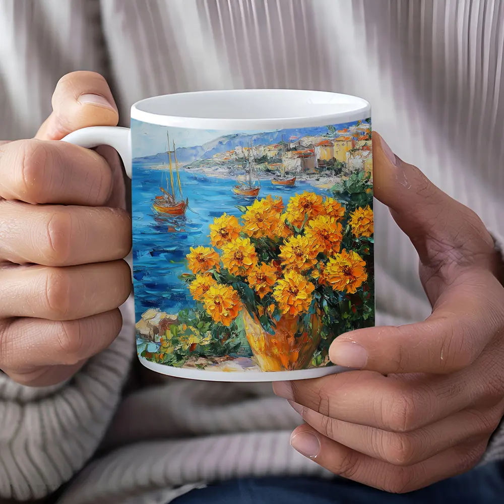 Yellow Marigolds Vase Mediterranean Coastal Oil Painting – Mugs