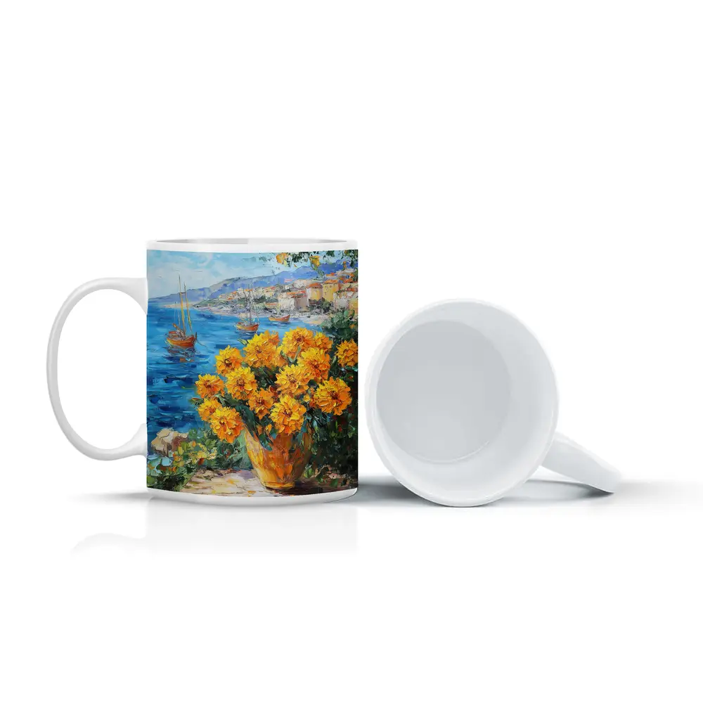 Yellow Marigolds Vase Mediterranean Coastal Oil Painting – Mugs