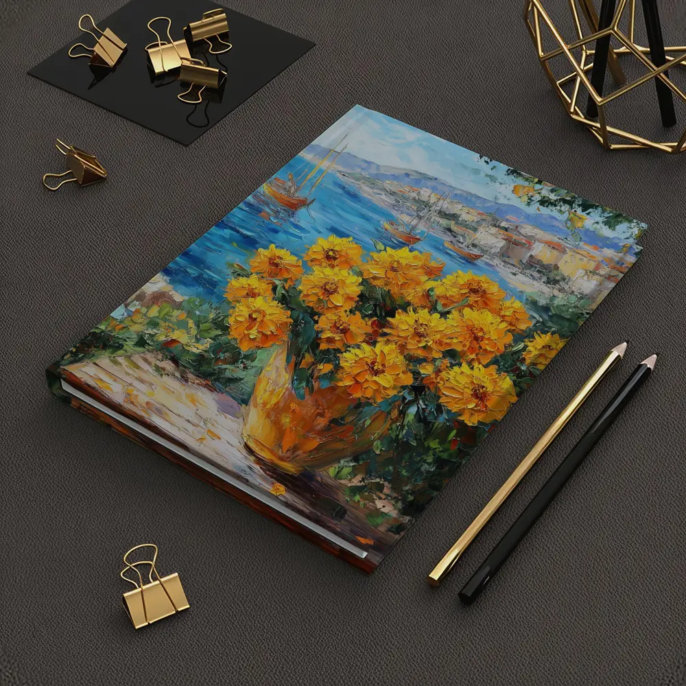 Yellow Marigolds Vase Mediterranean Coastal Oil Painting – Notebooks