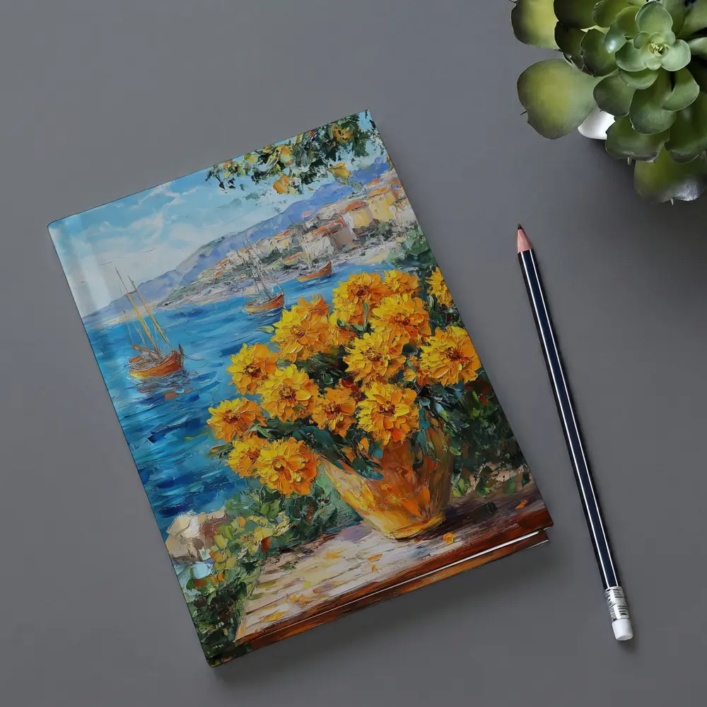 Yellow Marigolds Vase Mediterranean Coastal Oil Painting – Notebooks