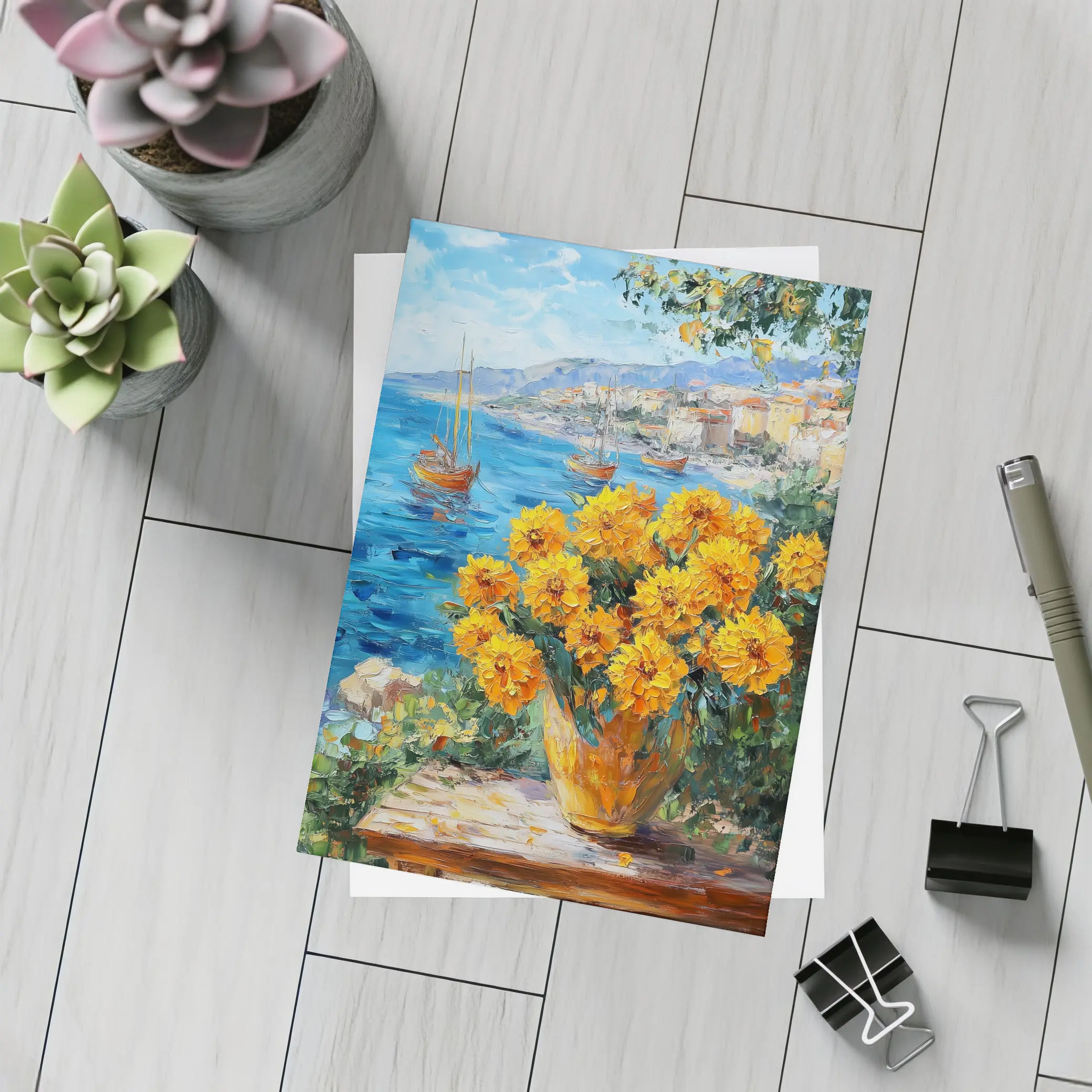 Yellow Marigolds Vase Mediterranean Coastal Oil Painting – Postcards