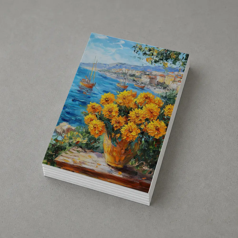 Yellow Marigolds Vase Mediterranean Coastal Oil Painting – Postcards