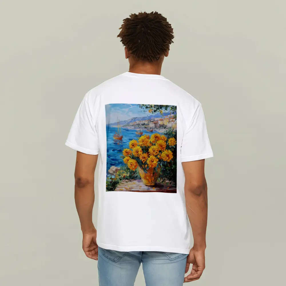 Yellow Marigolds Vase Mediterranean Coastal Oil Painting – T-Shirts