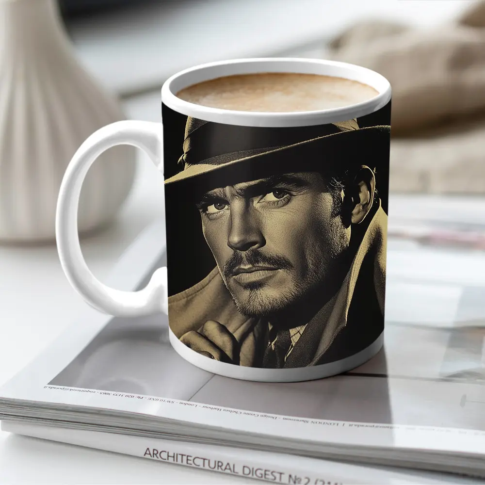 Noir Portrait Man Fedora Hat Dark Background – Mugs