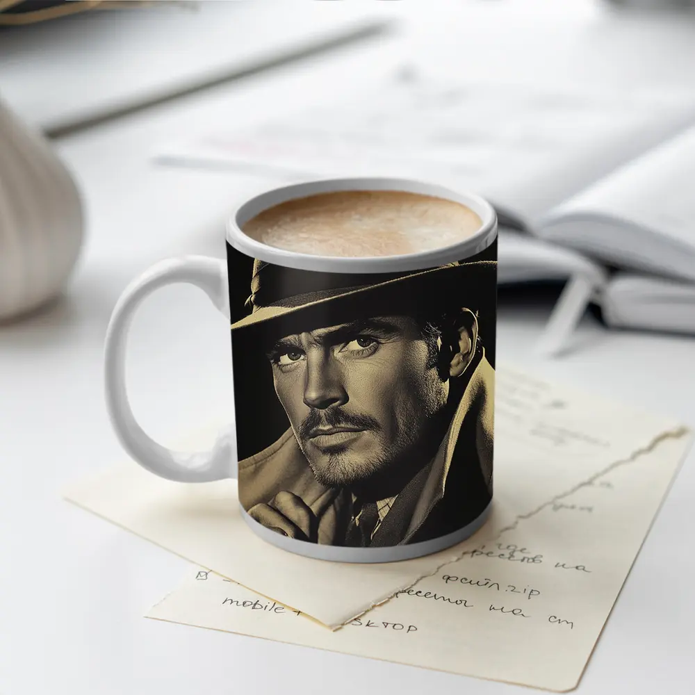 Noir Portrait Man Fedora Hat Dark Background – Mugs