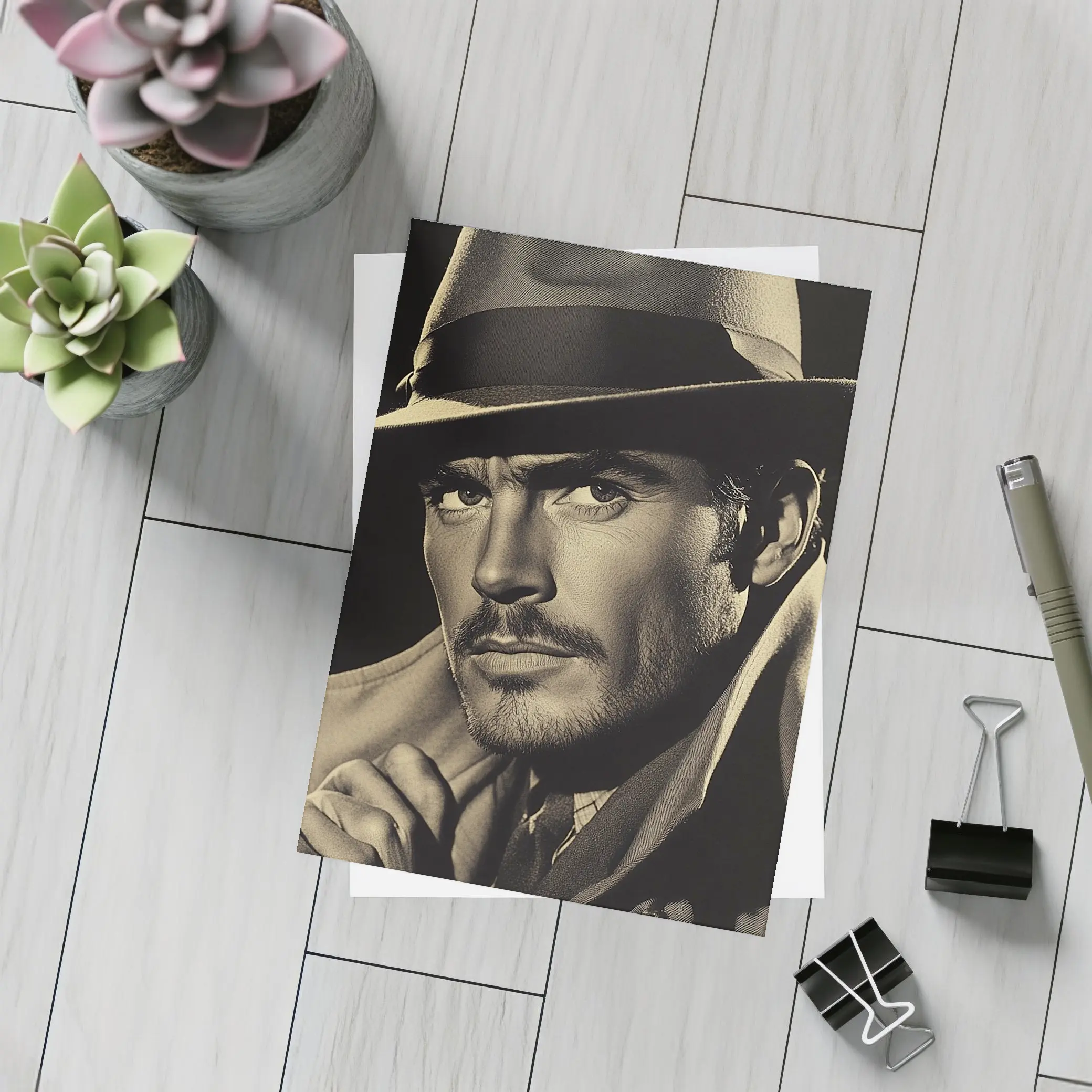 Noir Portrait Man Fedora Hat Dark Background – Postcards
