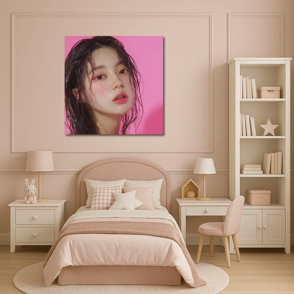 Korean Woman Wet Hair Pink Background – Wall Art