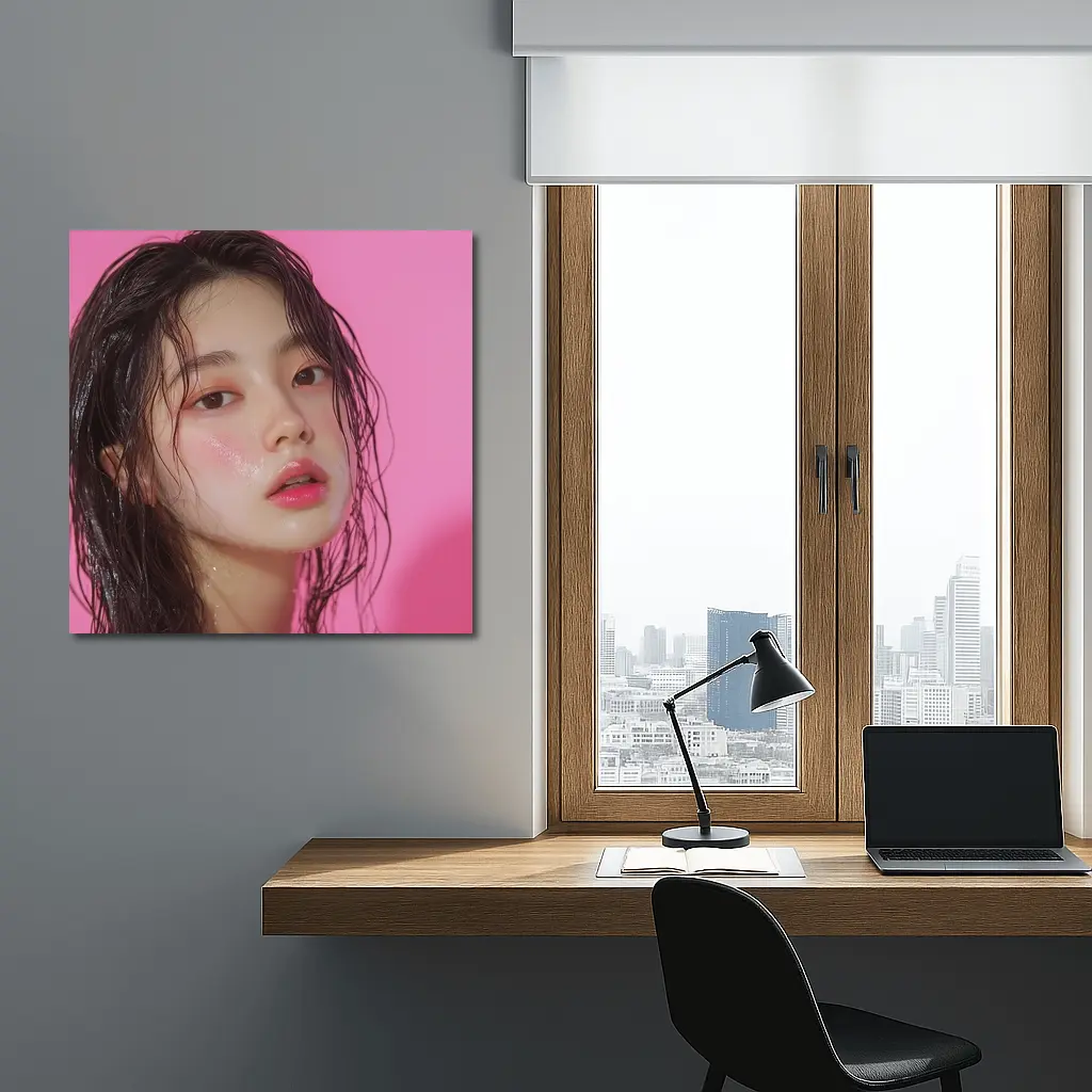 Korean Woman Wet Hair Pink Background – Wall Art
