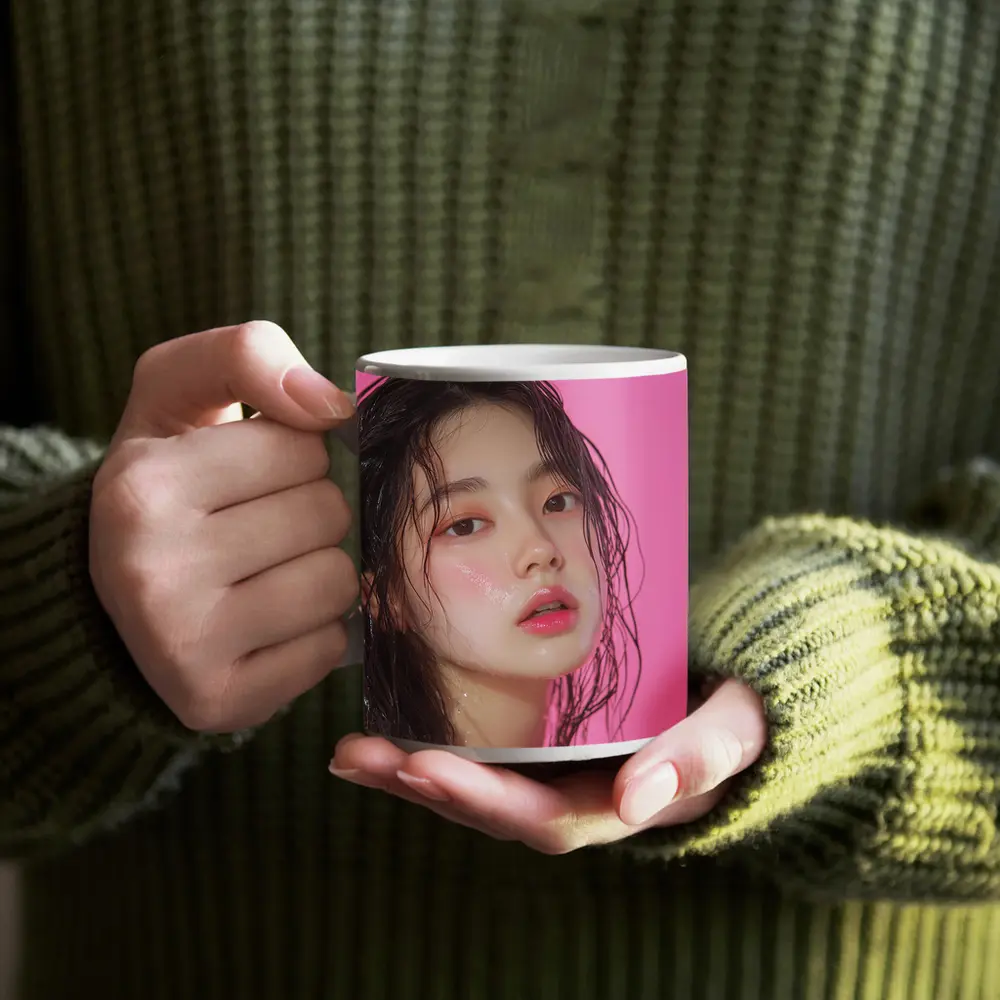 Korean Woman Wet Hair Pink Background – Mugs