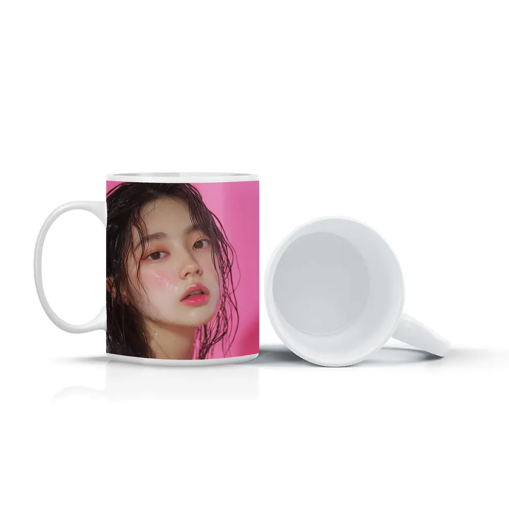 Korean Woman Wet Hair Pink Background – Mugs