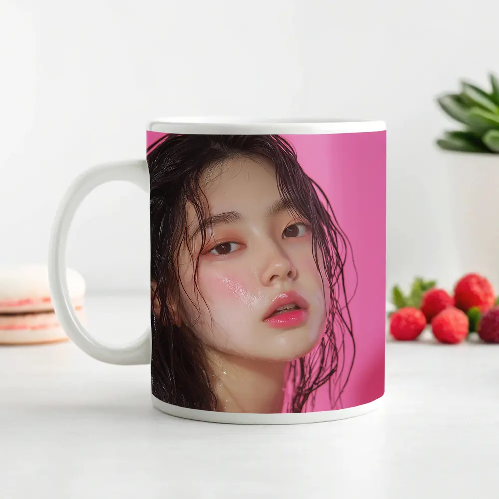 Korean Woman Wet Hair Pink Background – Mugs