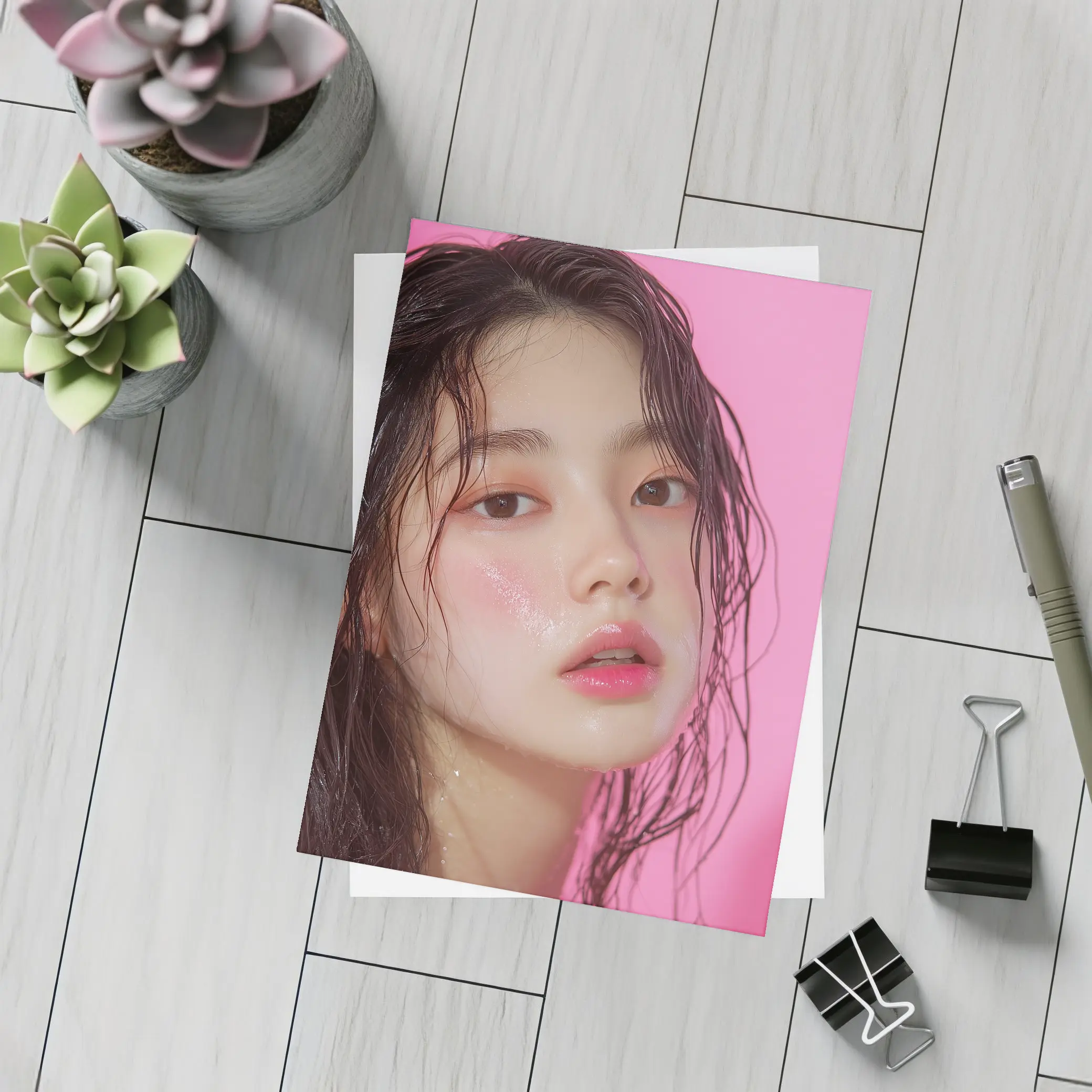 Korean Woman Wet Hair Pink Background – Postcards
