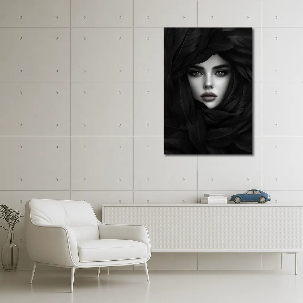 Woman Portrait Surrounded By Dark Feathers – Wall Art