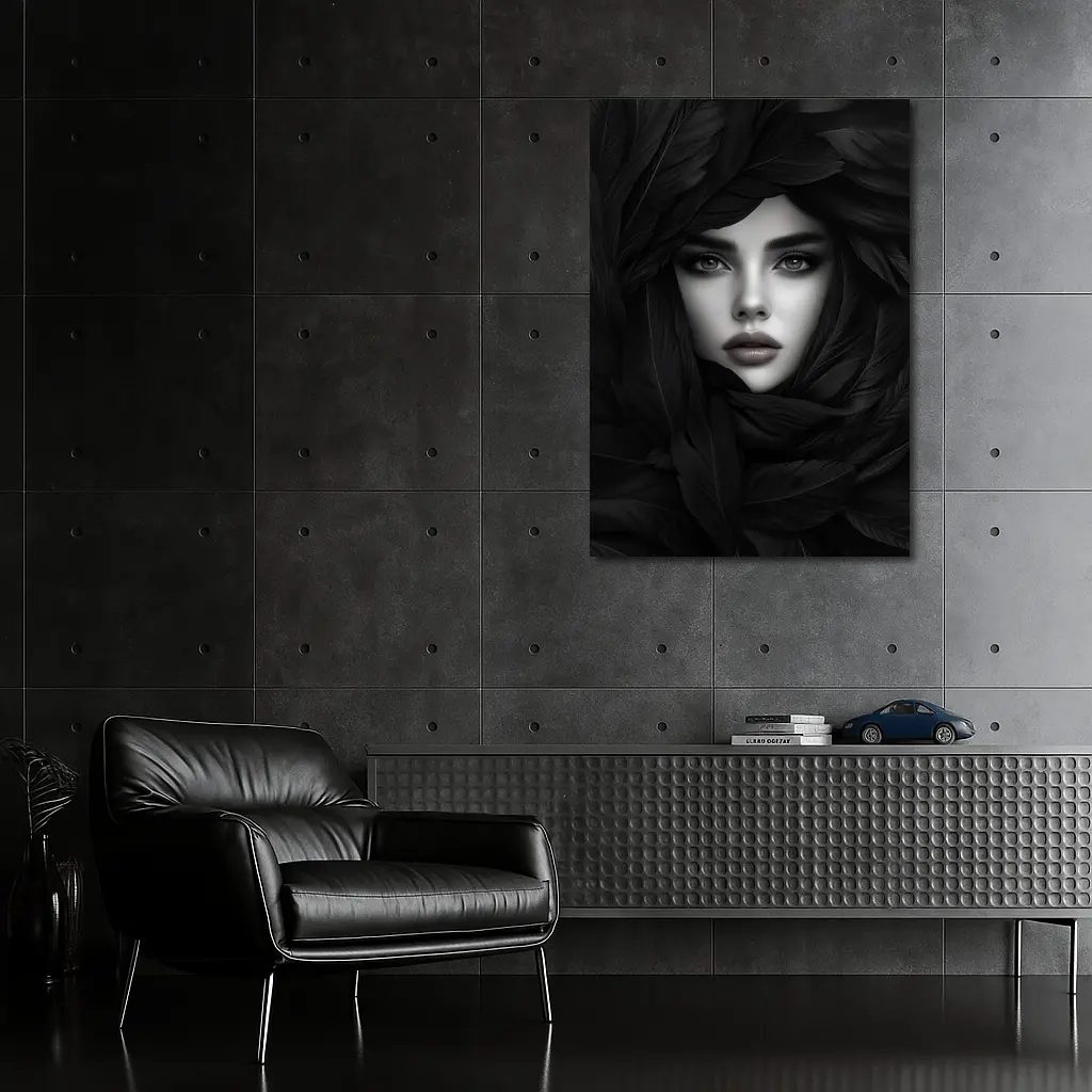 Woman Portrait Surrounded By Dark Feathers – Wall Art
