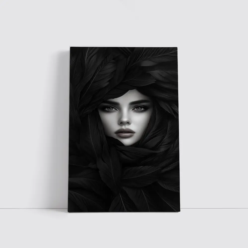 Woman Portrait Surrounded By Dark Feathers – Wall Art