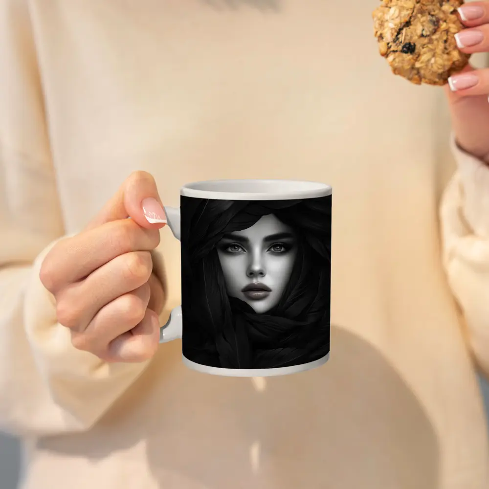 Woman Portrait Surrounded By Dark Feathers – Mugs