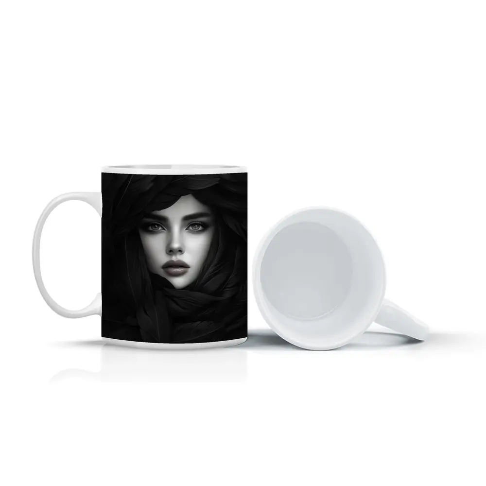 Woman Portrait Surrounded By Dark Feathers – Mugs