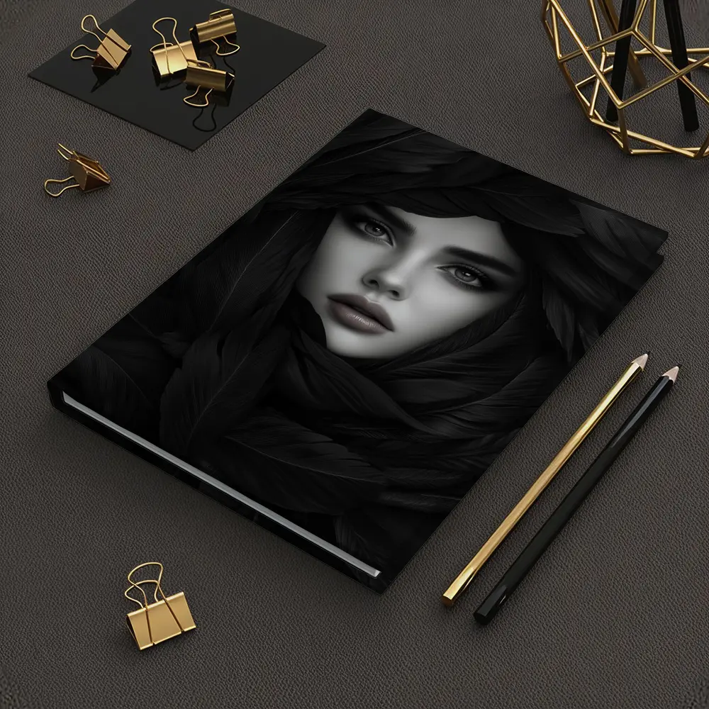 Woman Portrait Surrounded By Dark Feathers – Notebooks