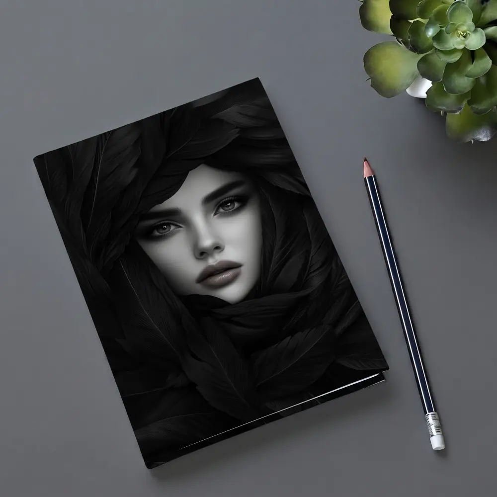 Woman Portrait Surrounded By Dark Feathers – Notebooks