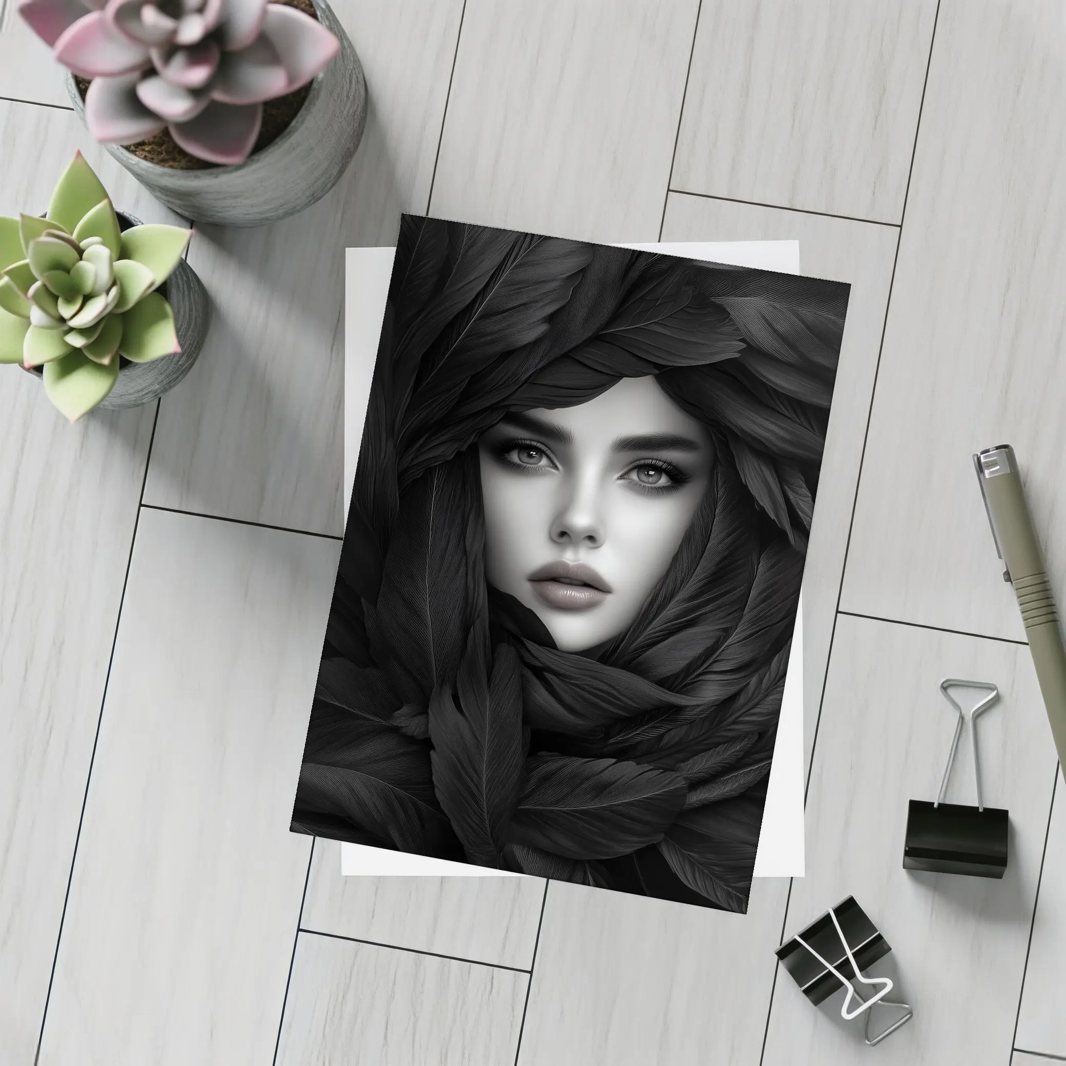 Woman Portrait Surrounded By Dark Feathers – Postcards