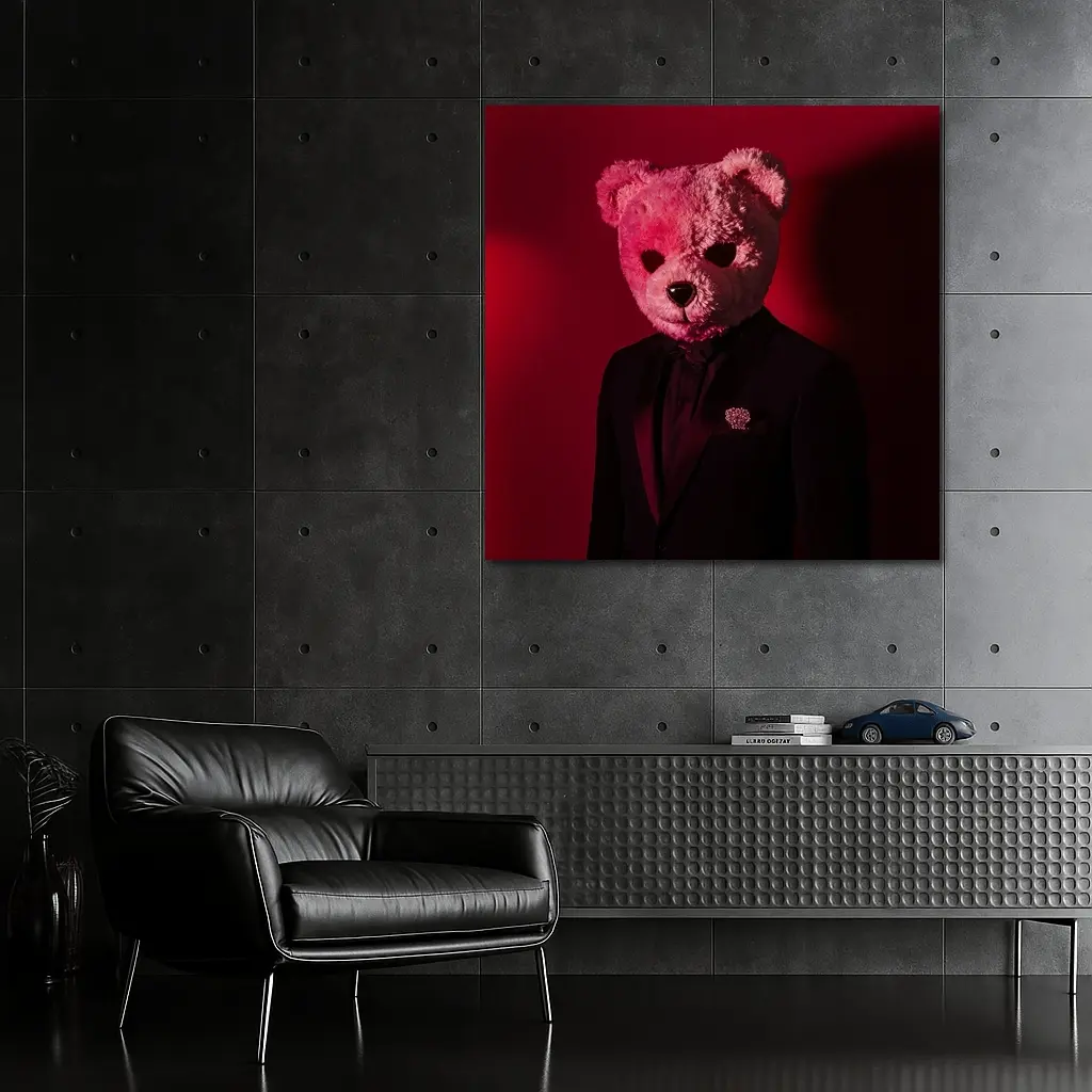 Teddy Bear Suit Red Dark Background – Wall Art