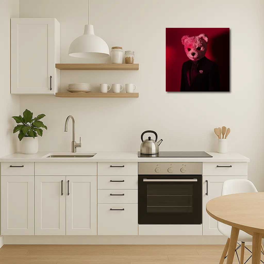 Teddy Bear Suit Red Dark Background – Wall Art