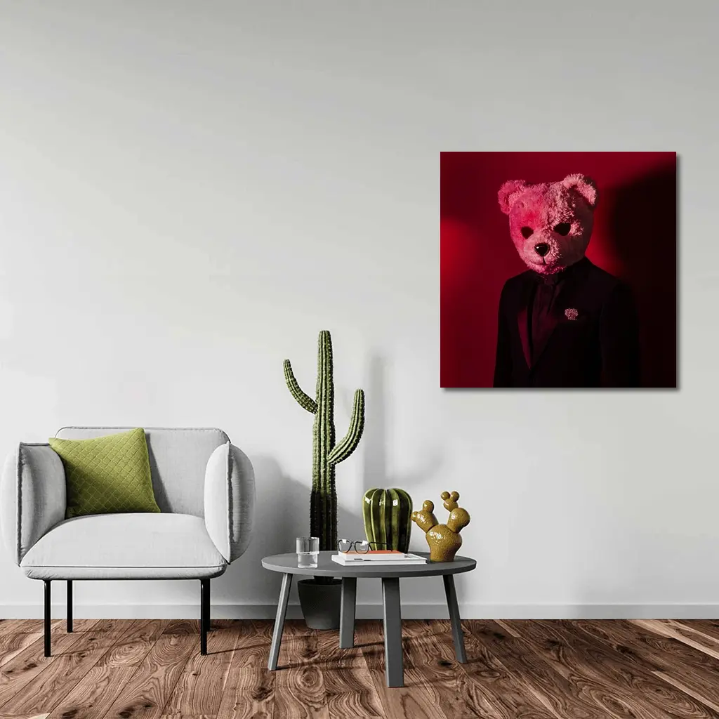 Teddy Bear Suit Red Dark Background – Wall Art