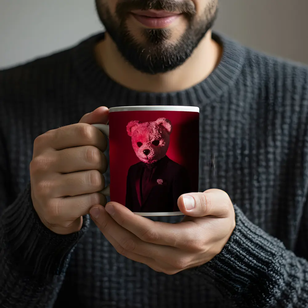 Teddy Bear Suit Red Dark Background – Mugs