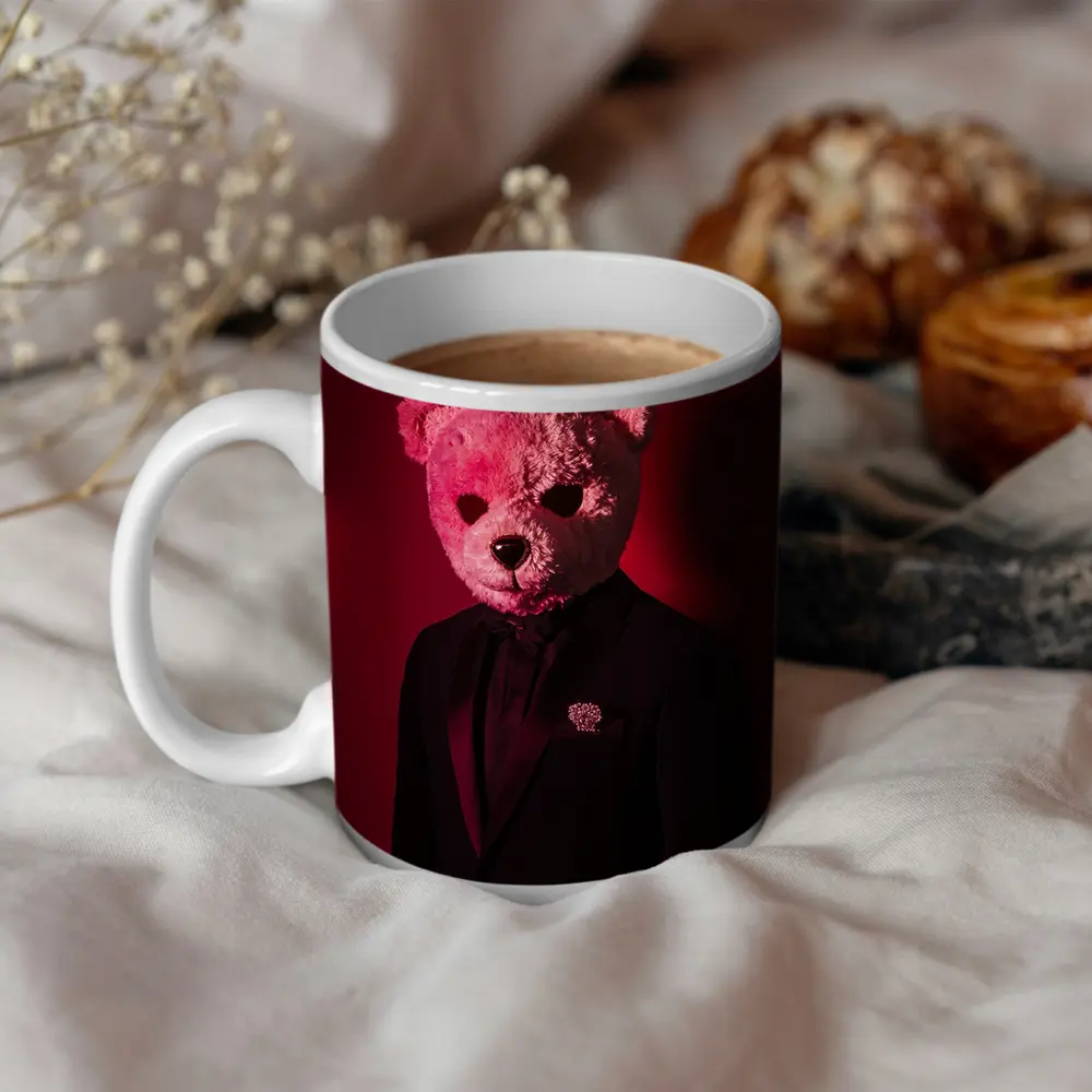 Teddy Bear Suit Red Dark Background – Mugs