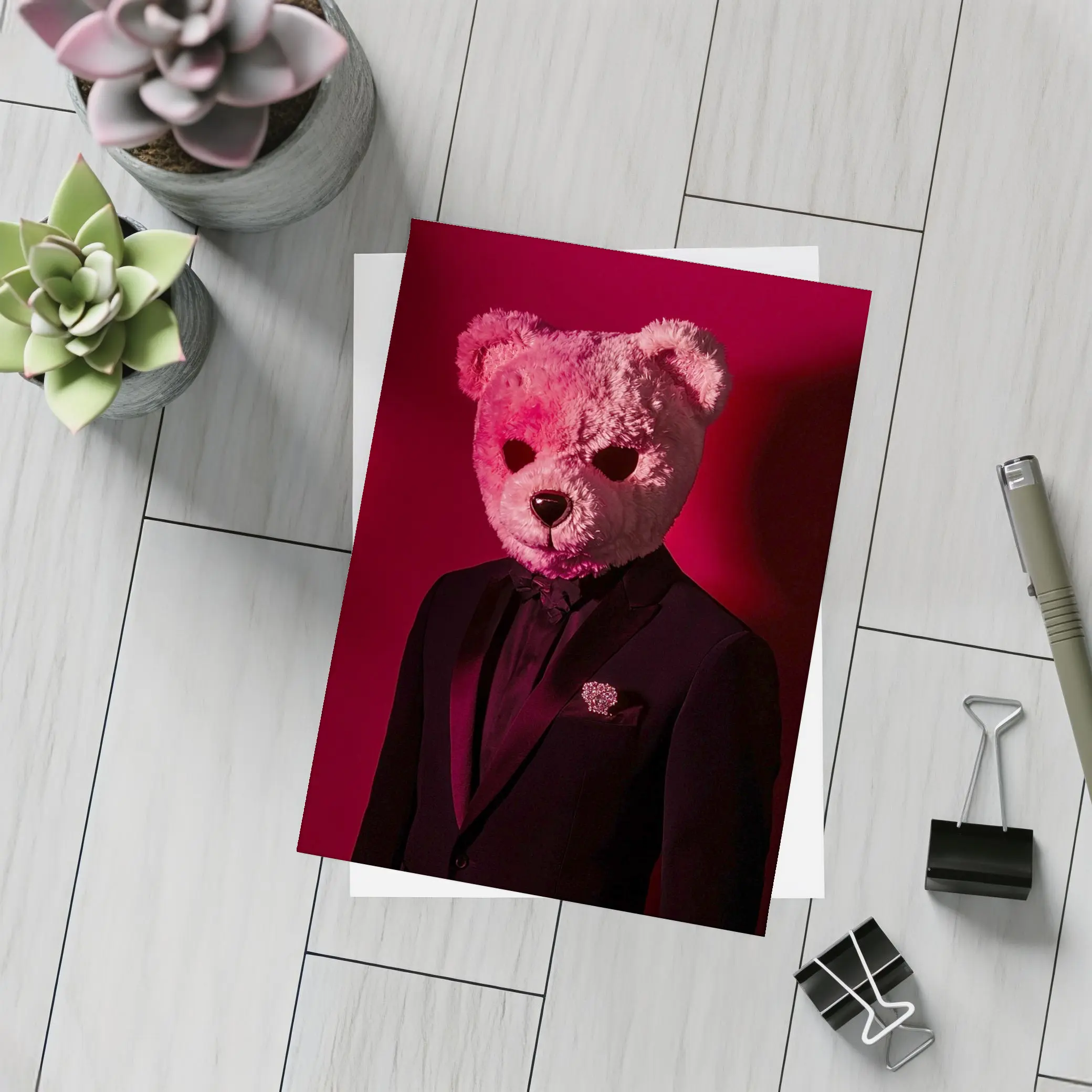 Teddy Bear Suit Red Dark Background – Postcards