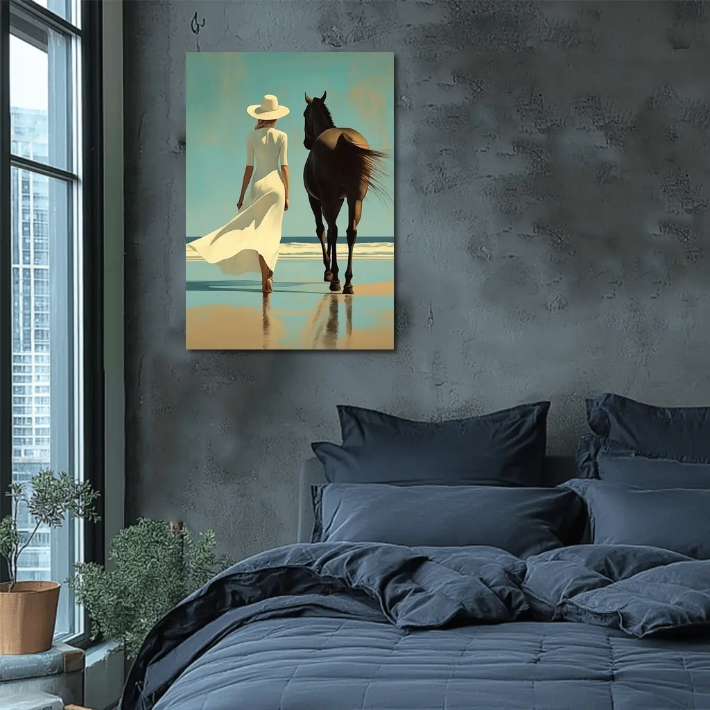 Woman White Dress Horse Beach Painting – Wall Art