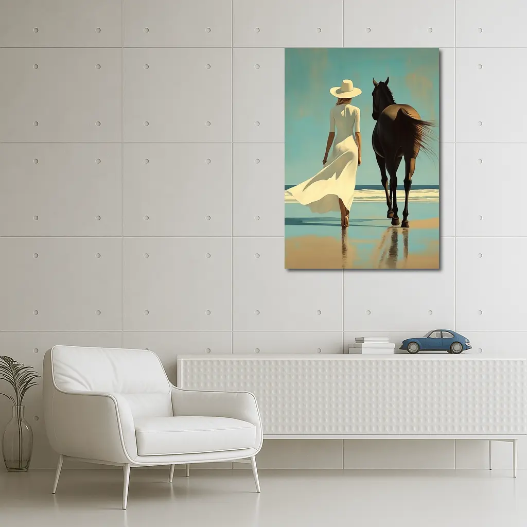 Woman White Dress Horse Beach Painting – Wall Art