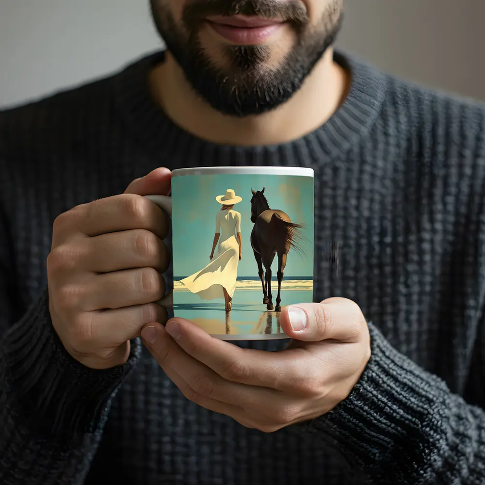 Woman White Dress Horse Beach Painting – Mugs
